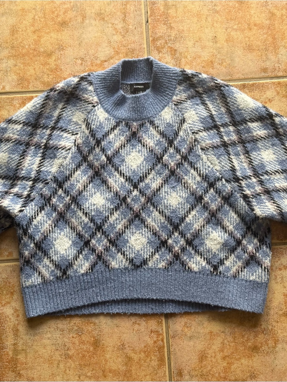 Express Women’s  Blue and Cream Argyle Crewneck Sweater with Brown Accents